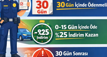 Trafik cezası ödeme süresi 30 gün, 15 gün içinde %25 indirim ve 30 gün sonrası faiz e-haciz sürecini gösteren infografik