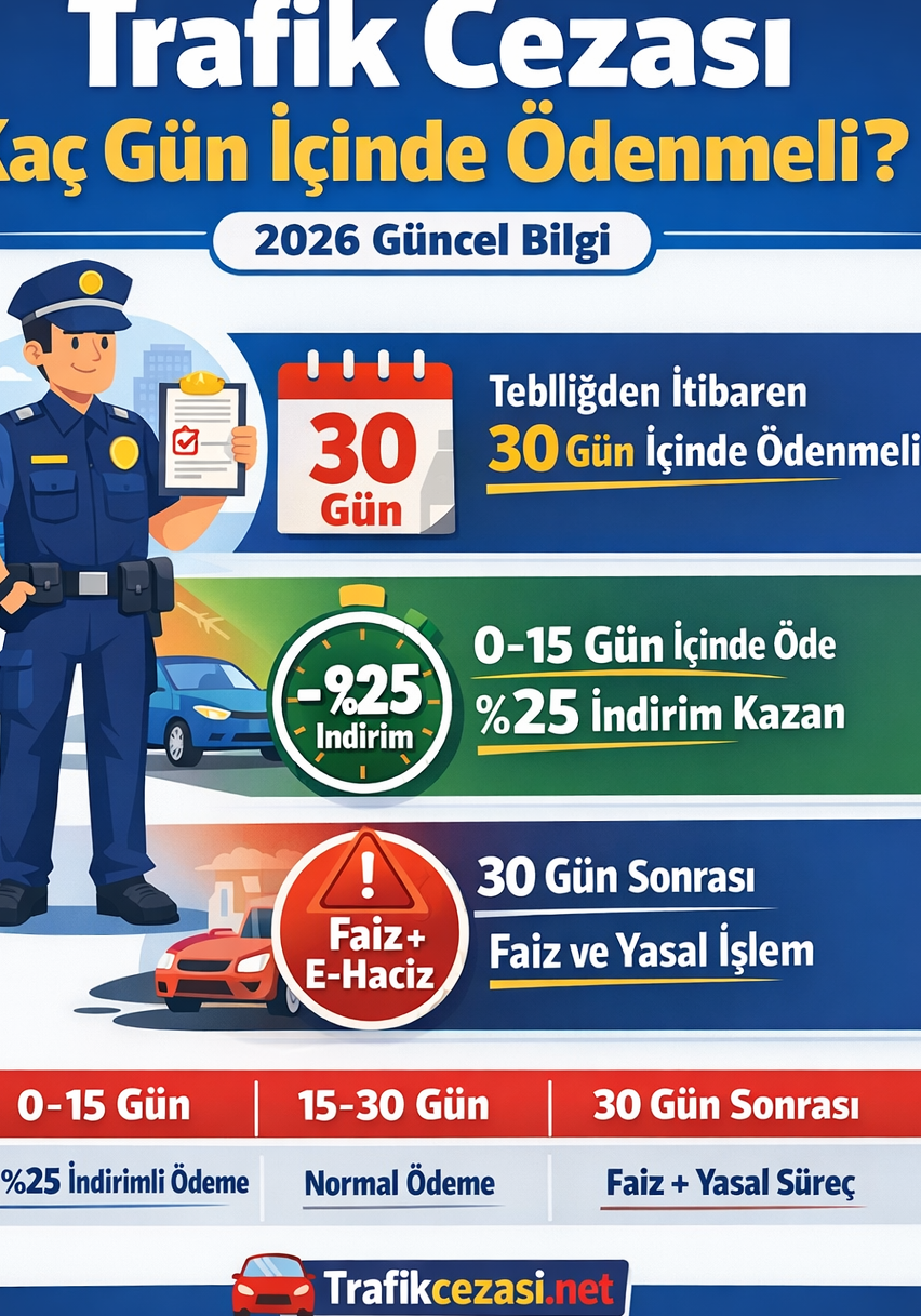 Trafik cezası ödeme süresi 30 gün, 15 gün içinde %25 indirim ve 30 gün sonrası faiz e-haciz sürecini gösteren infografik