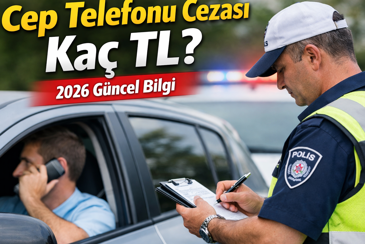 Araç kullanırken cep telefonu ile konuşan sürücüye trafik polisi tarafından yazılan 2026 cep telefonu cezasını gösteren trafik kontrol sahnesi