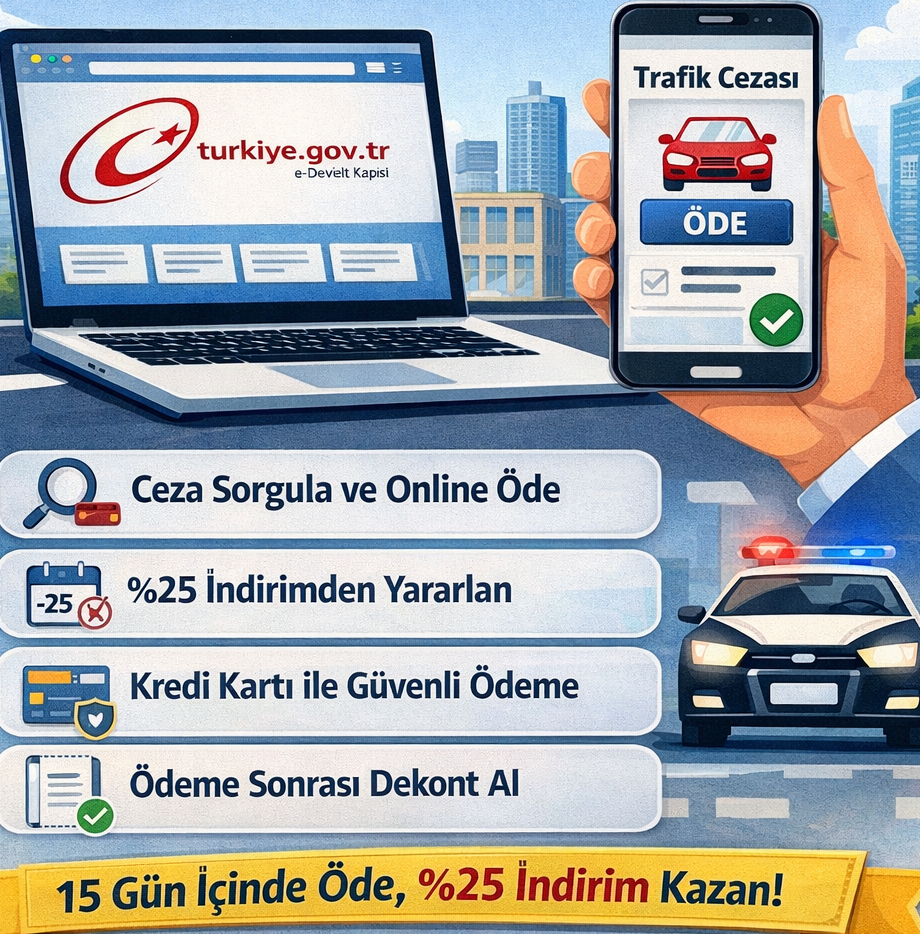e-Devlet trafik cezası ödeme ekranı, 2026 güncel online ceza sorgulama ve %25 indirimli ödeme adımlarını gösteren bilgilendirici görsel