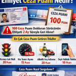 100 ceza puanı dolunca ehliyetin 2 ay geri alınacağı, kırmızı ışık, hız aşımı, alkollü araç kullanma ve telefonla konuşma ihlallerinin ceza puanları ile e-Devlet üzerinden sorgulama bilgileri yer alıyor.