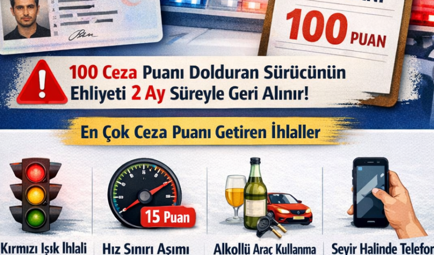 100 ceza puanı dolunca ehliyetin 2 ay geri alınacağı, kırmızı ışık, hız aşımı, alkollü araç kullanma ve telefonla konuşma ihlallerinin ceza puanları ile e-Devlet üzerinden sorgulama bilgileri yer alıyor.