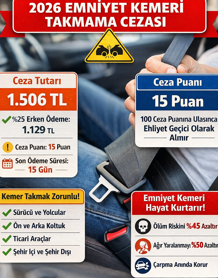 2026 emniyet kemeri takmama cezası 1.506 TL, %25 erken ödeme indirimi 1.129 TL, 15 ceza puanı ve emniyet kemerinin hayat kurtaran etkilerini gösteren bilgilendirici trafik cezası görseli.