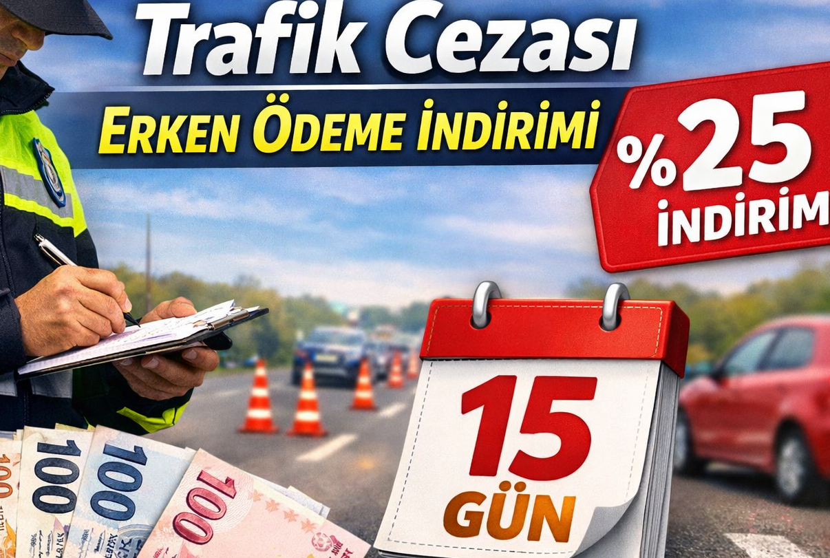 Trafik cezası erken ödeme indirimi temalı görsel; yol kenarında ceza yazan trafik polisi, arka planda araçlar, ön planda Türk lirası banknotları, takvim üzerinde “15 Gün” ibaresi ve “%25 İndirim” etiketi yer alıyor.