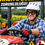 2026 yılında T3 kategorisi açık kabinli traktör sürücüleri için kask ve koruma gözlüğü zorunluluğunu anlatan, kask ve gözlük takmış sürücünün traktör üzerinde yer aldığı bilgilendirici görsel.