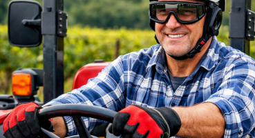 2026 yılında T3 kategorisi açık kabinli traktör sürücüleri için kask ve koruma gözlüğü zorunluluğunu anlatan, kask ve gözlük takmış sürücünün traktör üzerinde yer aldığı bilgilendirici görsel.