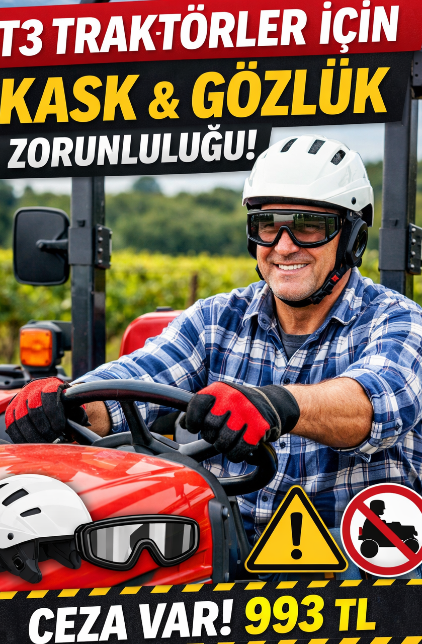 2026 yılında T3 kategorisi açık kabinli traktör sürücüleri için kask ve koruma gözlüğü zorunluluğunu anlatan, kask ve gözlük takmış sürücünün traktör üzerinde yer aldığı bilgilendirici görsel.