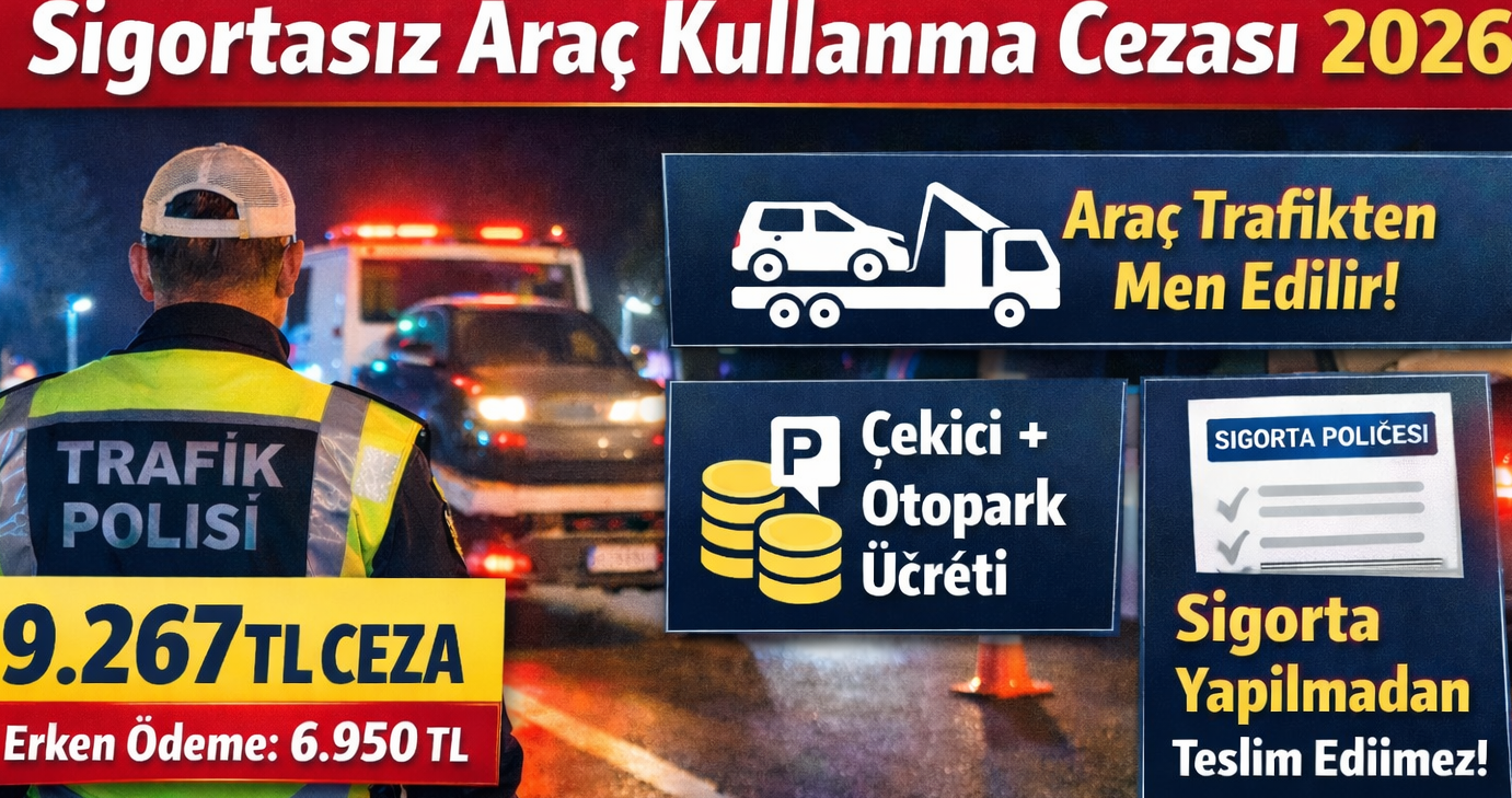 Sigortasız araç kullanma cezası 2026 görseli – 9.267 TL para cezası, erken ödeme 6.950 TL, araç trafikten men edilir ve sigorta yapılmadan teslim edilmez bilgileri