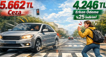 2026 yaya geçidi cezası 5.662 TL, %25 erken ödeme indirimiyle 4.246 TL – yaya geçidinde yayaya yol vermeyen araç görseli ve ceza bilgileri grafiği.