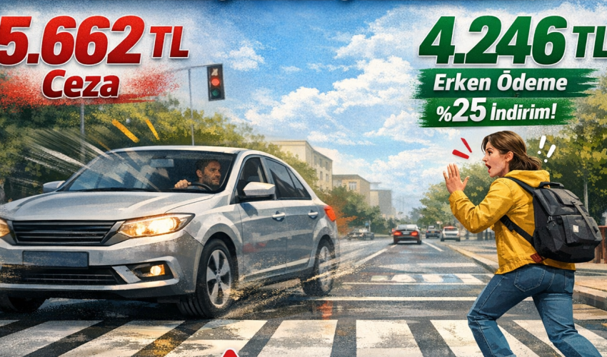 2026 yaya geçidi cezası 5.662 TL, %25 erken ödeme indirimiyle 4.246 TL – yaya geçidinde yayaya yol vermeyen araç görseli ve ceza bilgileri grafiği.