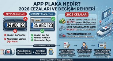 APP plaka nedir, 2026 yılı cezaları ve değişim rehberini içeren karşılaştırmalı infografik. Yasal ve yasak plaka farkları ile noter ve şoförler odası değişim adımları.