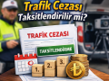 Trafik cezası taksitlendirme sürecini anlatan görselde, trafik polisi, radar aracı, ceza makbuzu ve taksit planını simgeleyen takvim ile Türk lirası yer alıyor.