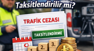 Trafik cezası taksitlendirme sürecini anlatan görselde, trafik polisi, radar aracı, ceza makbuzu ve taksit planını simgeleyen takvim ile Türk lirası yer alıyor.