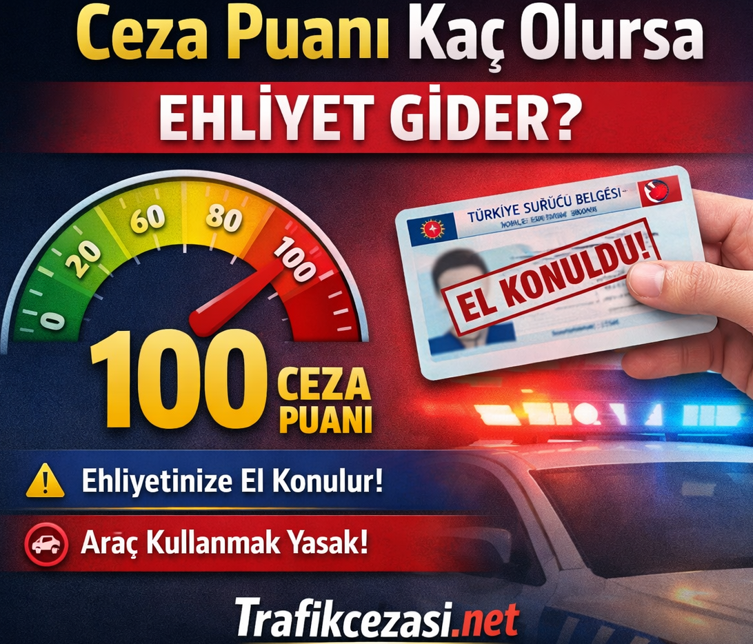 Ceza puanı kaç olursa ehliyet gider sorusunu anlatan 100 ceza puanı göstergesi ve el konulmuş sürücü belgesi görseli
