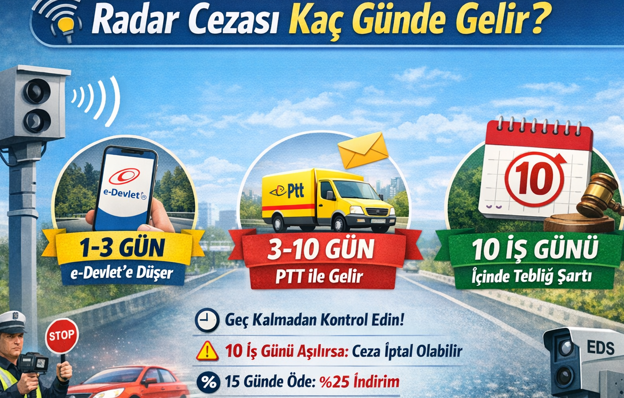 Radar cezasının kaç günde geldiğini gösteren infografik, e-Devlet, PTT tebligat süresi ve 10 iş günü kuralı