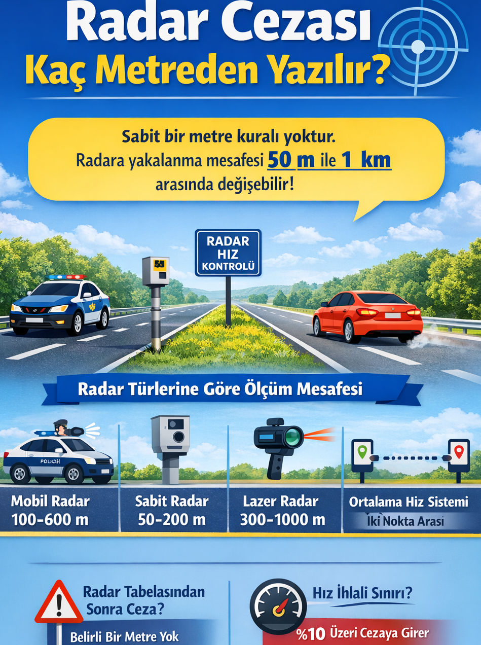 Radar cezası kaç metreden yazılır infografiği – mobil radar, sabit radar ve lazer radar hız ölçüm mesafeleri