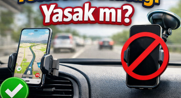 Araç içinde telefon tutacağı kullanımının yasak olup olmadığını anlatan, 2026 güncel trafik cezaları bilgisi içeren bilgilendirici görsel