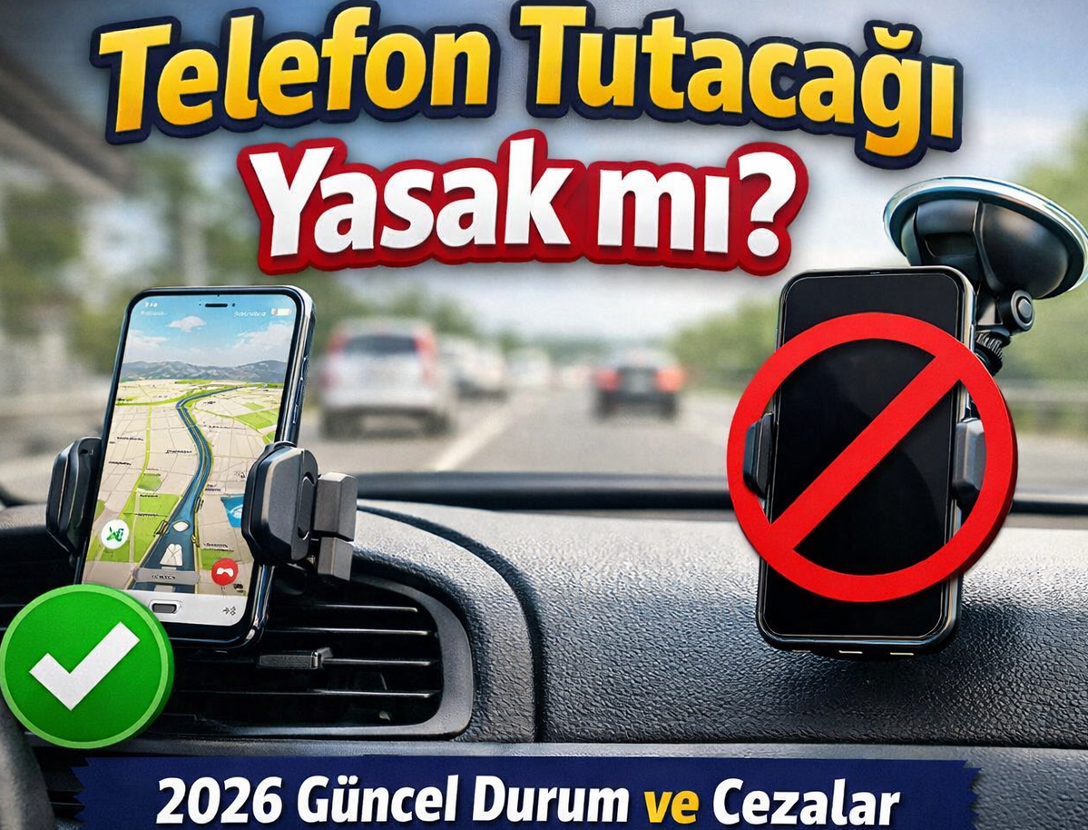 Araç içinde telefon tutacağı kullanımının yasak olup olmadığını anlatan, 2026 güncel trafik cezaları bilgisi içeren bilgilendirici görsel