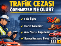 Trafik cezası ödenmezse ne olur infografiği faiz, haciz, araç satışı engeli ve banka blokesi sonuçlarını gösteren görsel