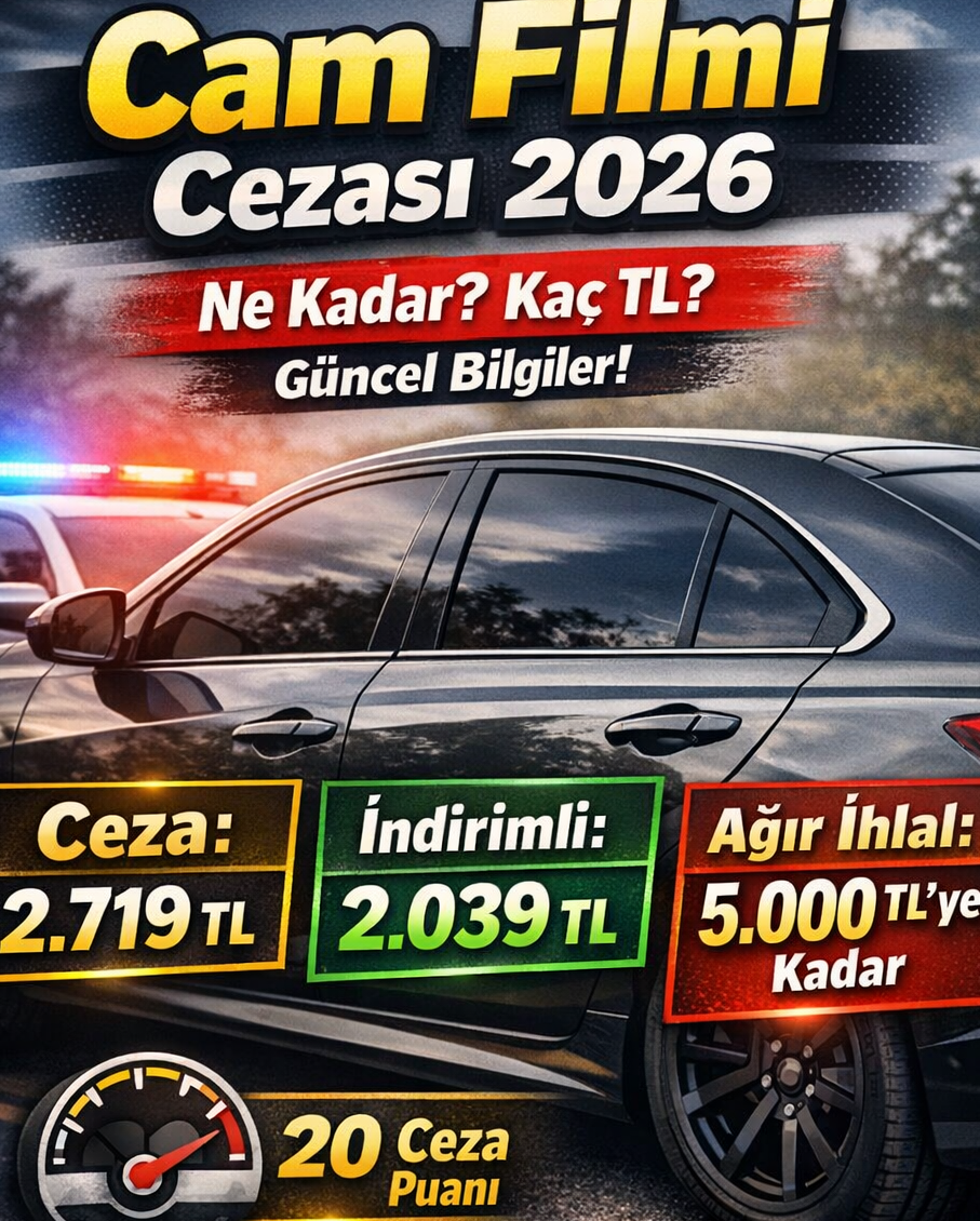 2026 cam filmi cezası ne kadar, indirimli ceza tutarı, ağır ihlal cezası ve ceza puanı bilgilerini gösteren araç cam filmi görseli