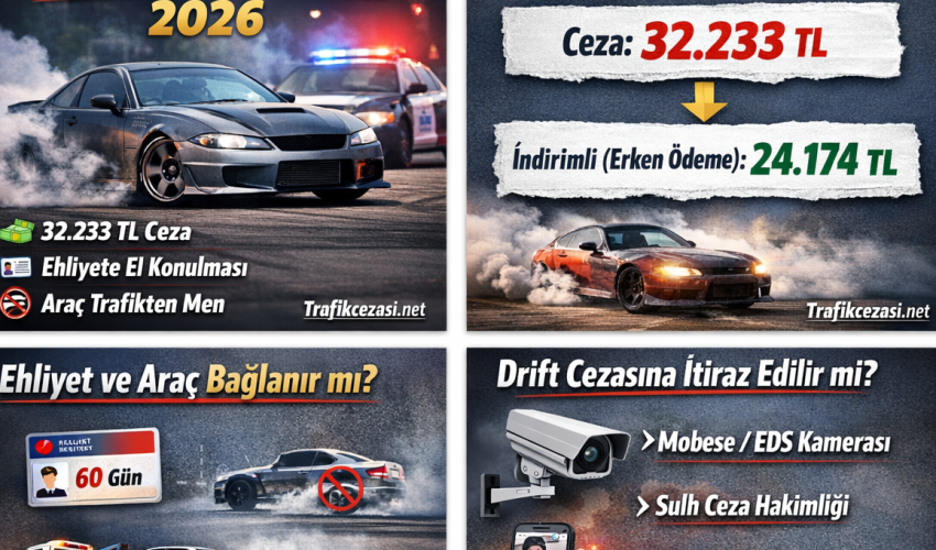 2026 drift cezası 32.233 TL, ehliyete el koyma ve araç trafikten men edilmesini gösteren trafik cezası görseli