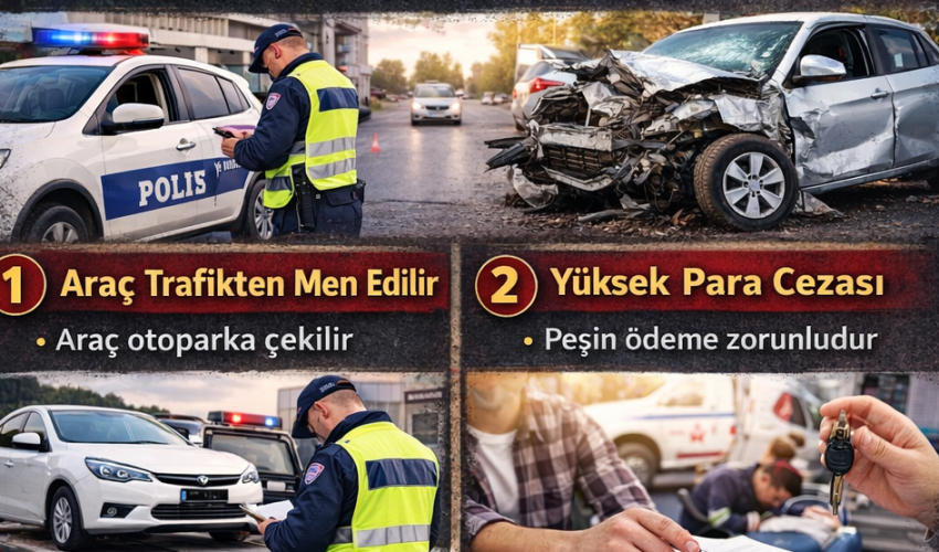 Trafik sigortası olmayan araçlara uygulanan ceza, araç bağlama ve kazalarda tüm masrafların sürücüye ait olduğunu gösteren görsel