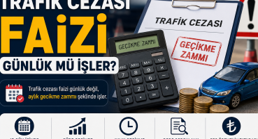 Trafik cezası faizi ve gecikme zammını anlatan hesap makinesi, trafik cezası belgesi ve araç görseli