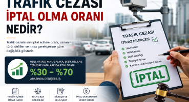 Trafik cezası iptal oranını anlatan, radar kamerası, itiraz dilekçesi ve mahkeme tokmağı bulunan bilgilendirici görsel