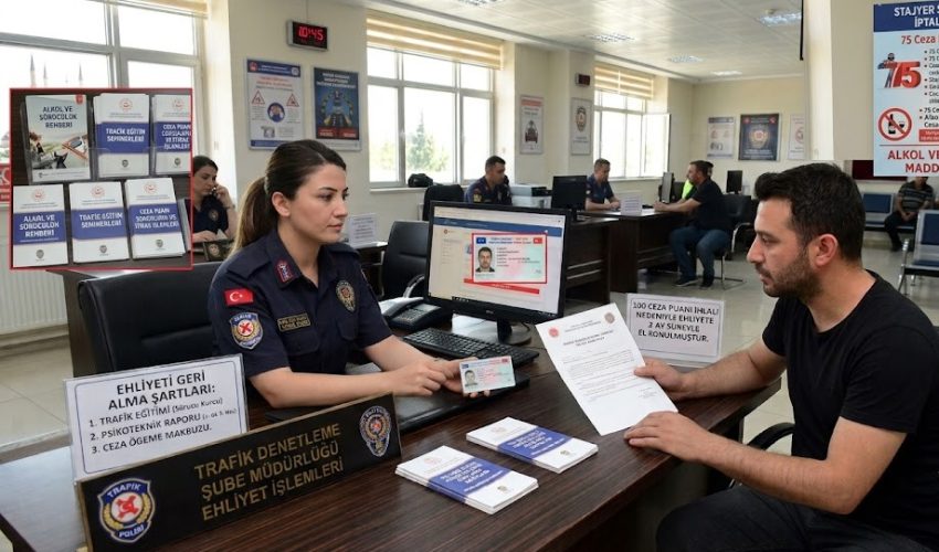 100 ceza puanını dolduran sürücünün Trafik Denetleme Şube Müdürlüğü ehliyet işlemleri masasında kadın trafik polisi ile görüşmesi ve ehliyetine el konulma süreci.