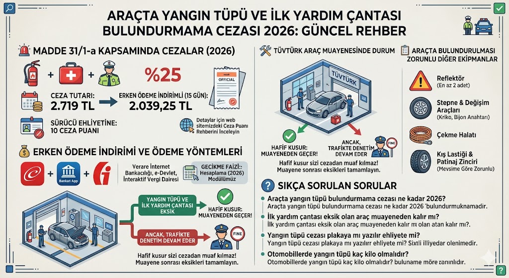 2026 yılı araçta yangın tüpü ve ilk yardım çantası bulundurmama cezası detaylarını, TÜVTÜRK muayene kriterlerini ve zorunlu trafik ekipmanlarını içeren Türkçe bilgilendirici infografik.