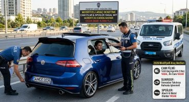 modifiyeli araç cezası denetimi: Trafik polisi, mavi bir Volkswagen Golf'ün cam filmini dijital cihazla kontrol ederken, arka kısımda diğer polis spoilerı inceliyor. Yan tarafta 'CAM FİLMİ %50 YASAL', 'SUNROOF İşlenmeli', 'SPOILER Abartı YASAK' yazılı bilgi paneli yer alıyor. Arka plan şehirlerarası yol ve trafik.