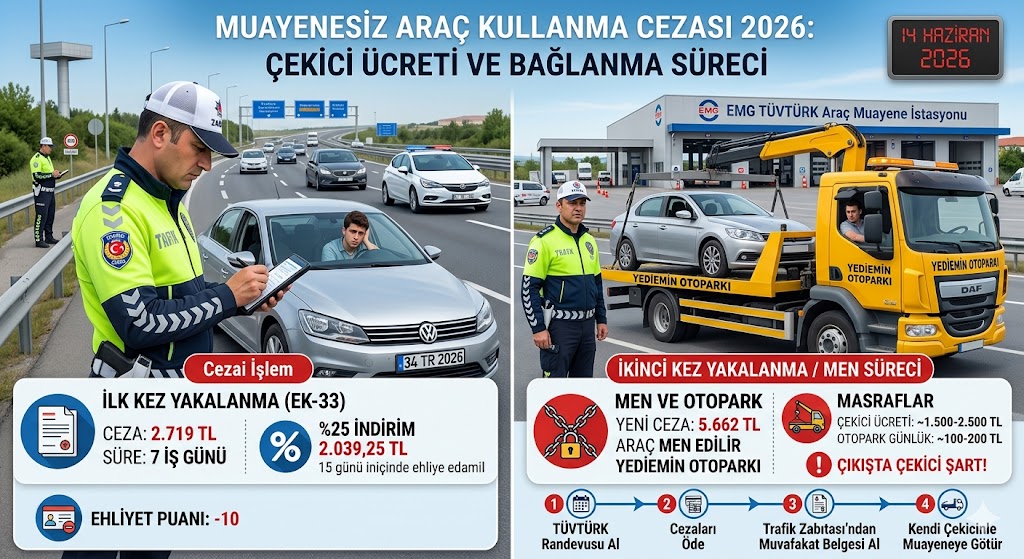2026 muayenesiz araç kullanma cezası, çekici ücretleri ve araç bağlanma sürecini gösteren infografik görseli. Sol tarafta trafik polisinin ceza yazdığı ilk yakalanma süreci (2.719 TL), sağ tarafta ise TÜVTÜRK istasyonu önünde yediemin otoparkı çekicisine yüklenen araç ve ikinci kez yakalanma men cezası (5.662 TL) ile otoparktan çıkarma adımları şematik olarak anlatılıyor.
