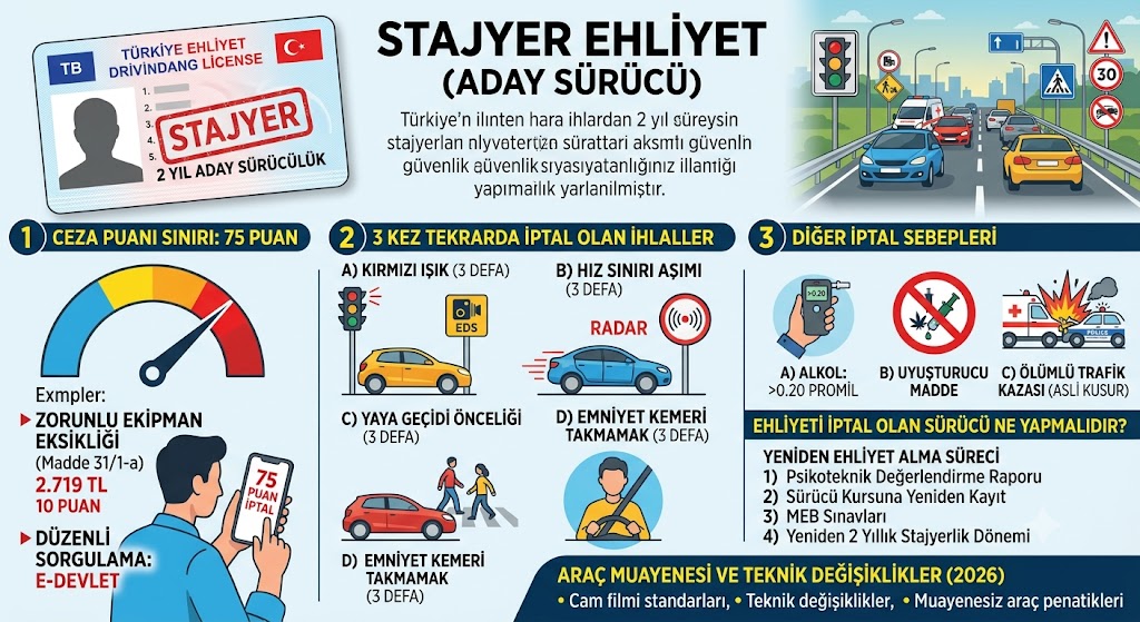 Stajyer ehliyet iptal şartlarını ve aday sürücü kurallarını gösteren Türkçe infografik. Görselde 75 ceza puanı sınırı, 3 kez tekrarlanırsa ehliyeti iptal eden kırmızı ışık, hız sınırı, emniyet kemeri ve yaya geçidi ihlalleri ile 0.20 promil alkol sınırı, psikoteknik süreçleri ve 2026 araç muayene kuralları şematize edilmiştir.