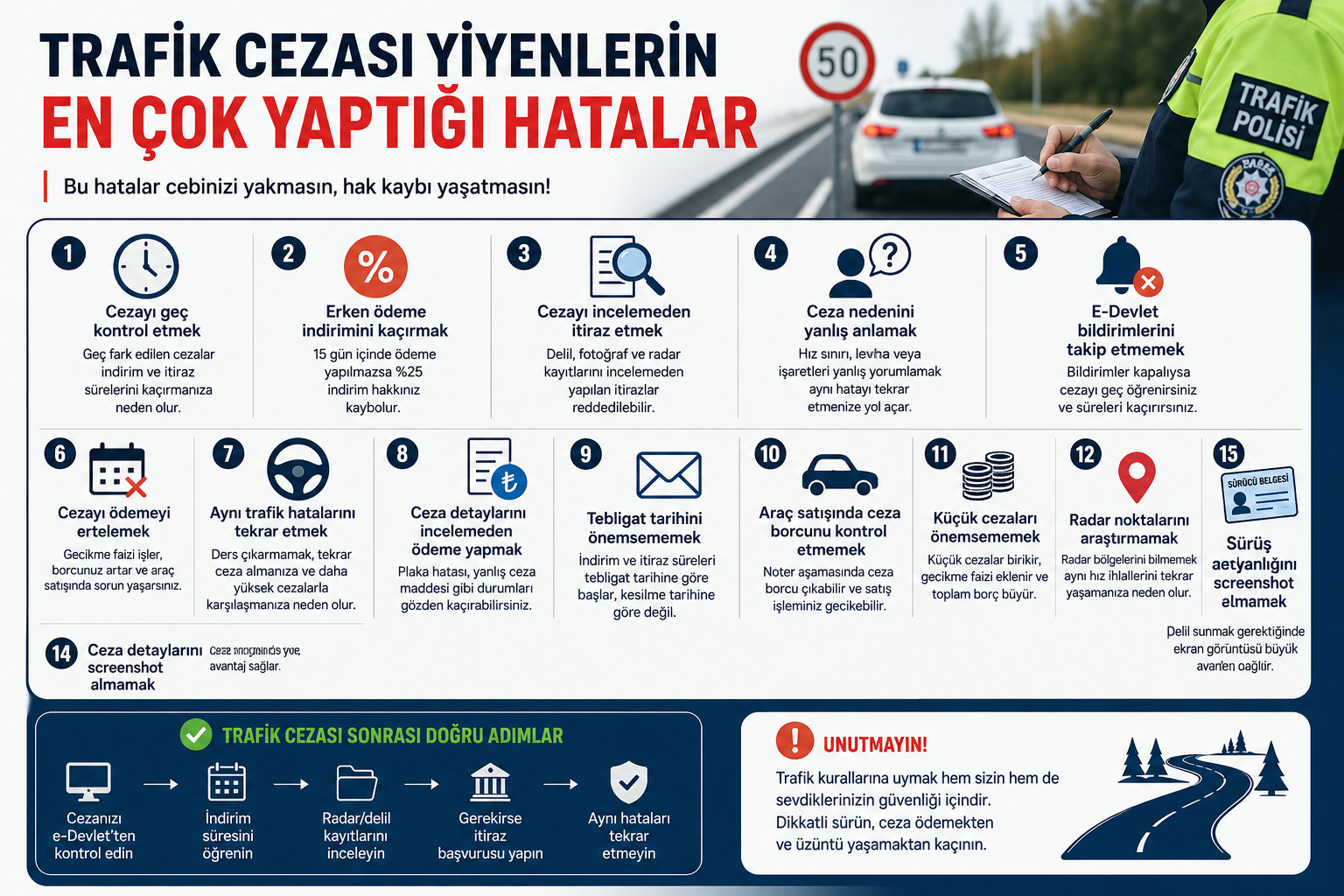 Trafik cezası yiyen sürücülerin en çok yaptığı hataları gösteren bilgilendirici infografik görseli