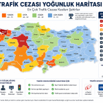 Türkiye il il trafik cezası yoğunluk haritası 2026. İstanbul, Ankara, İzmir, Adana ve Kocaeli başta olmak üzere en çok trafik cezası kesilen şehirleri ve ceza yoğunluk seviyelerini gösteren harita.
