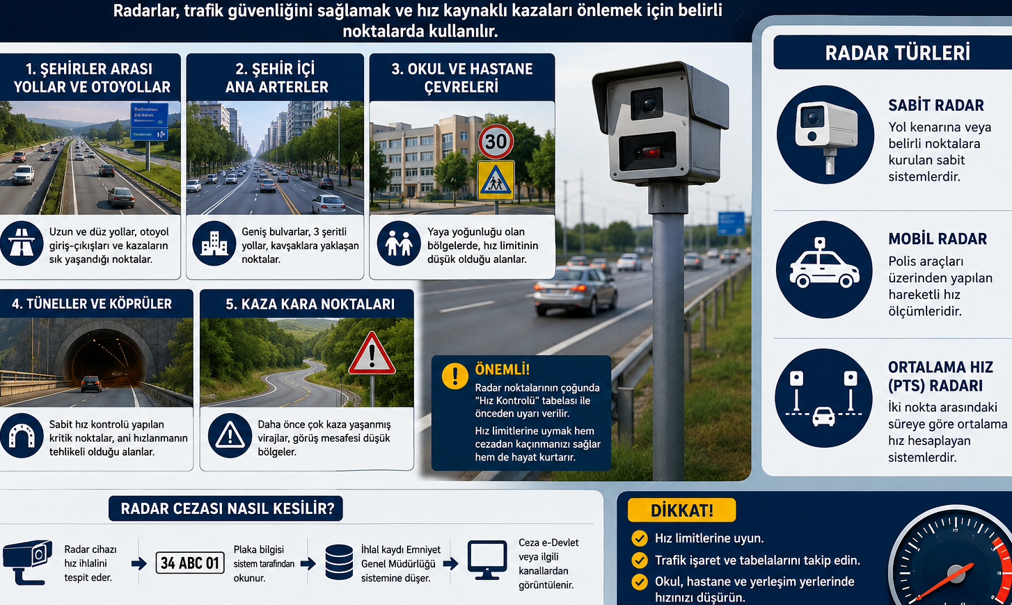 Radar nerelerde olur infografik görseli: otoyol, şehir içi ana yol, okul ve hastane çevresi, tüneller ve kaza kara noktalarında radar yerleri ile sabit, mobil ve ortalama hız radar sistemlerinin açıklaması.