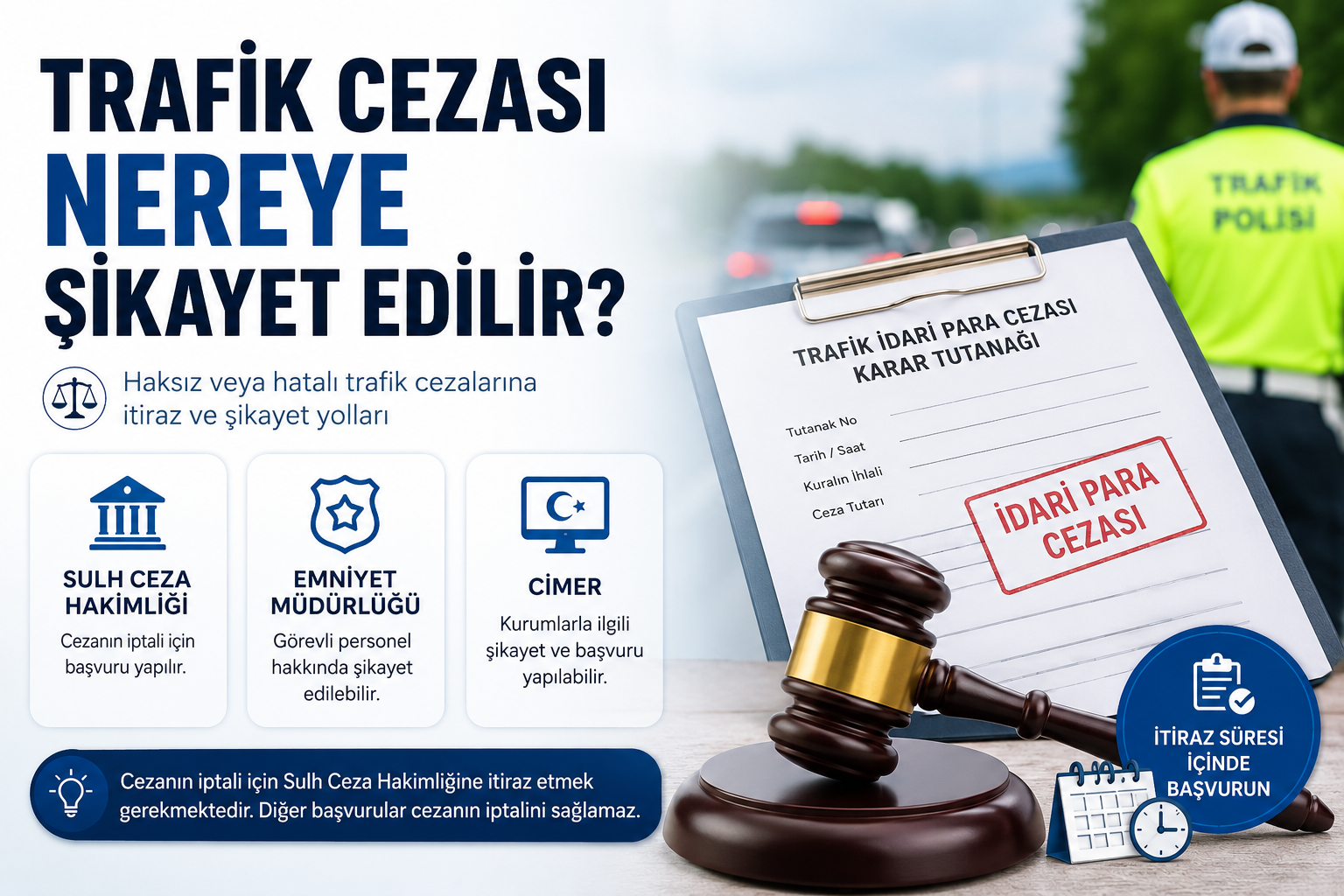 Haksız trafik cezasına itiraz etmek isteyen sürücüler için Sulh Ceza Hakimliği, Emniyet Müdürlüğü ve CİMER başvuru yollarını gösteren trafik cezası şikayet görseli.