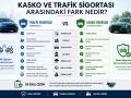 Kasko ve trafik sigortası arasındaki farkları gösteren karşılaştırma tablosu. Trafik sigortası zorunlu ve karşı tarafı korurken, kasko sigortası isteğe bağlı olup aracı güvence altına alır.