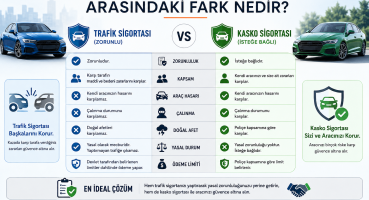 Kasko ve trafik sigortası arasındaki farkları gösteren karşılaştırma tablosu. Trafik sigortası zorunlu ve karşı tarafı korurken, kasko sigortası isteğe bağlı olup aracı güvence altına alır.