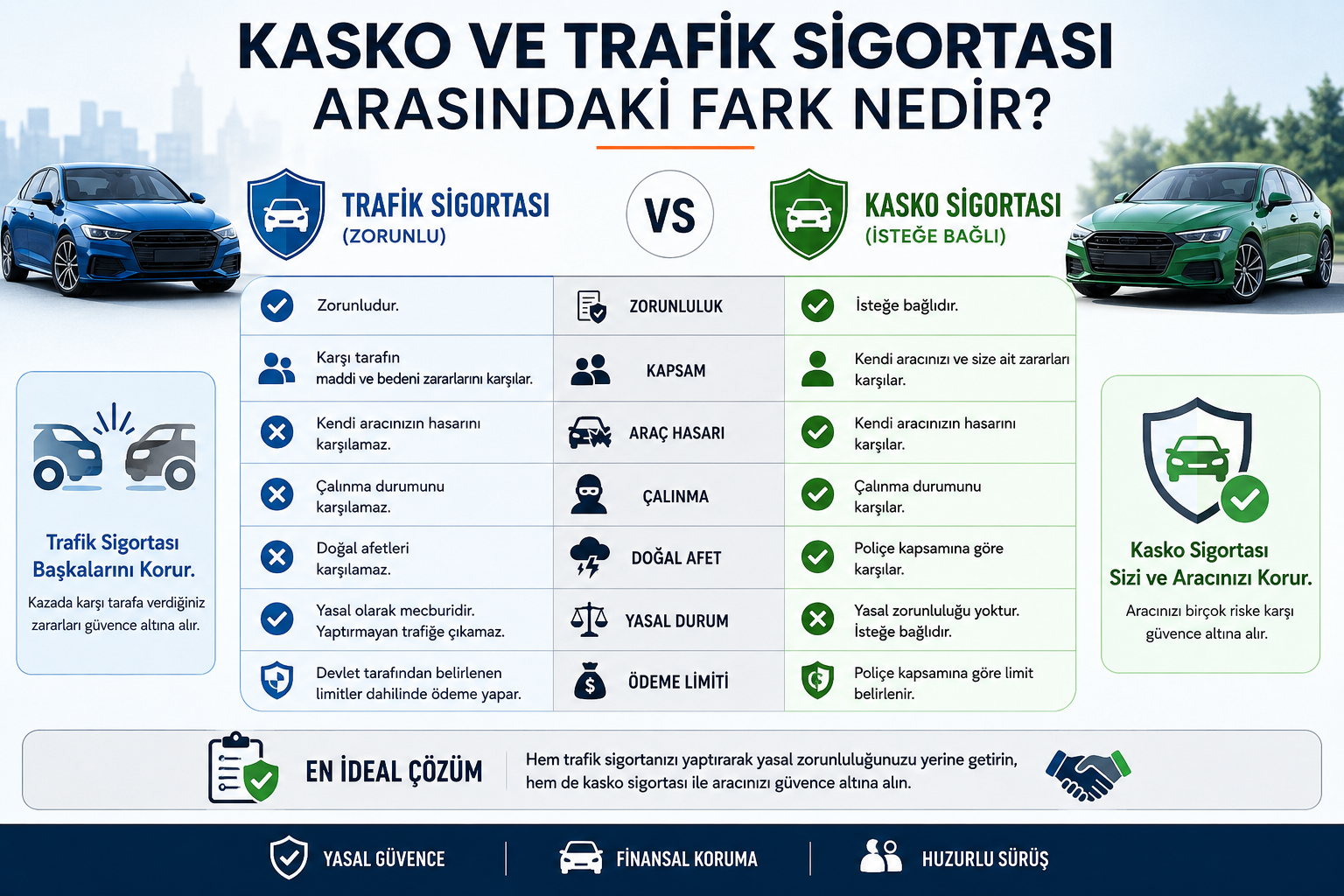 Kasko ve trafik sigortası arasındaki farkları gösteren karşılaştırma tablosu. Trafik sigortası zorunlu ve karşı tarafı korurken, kasko sigortası isteğe bağlı olup aracı güvence altına alır.